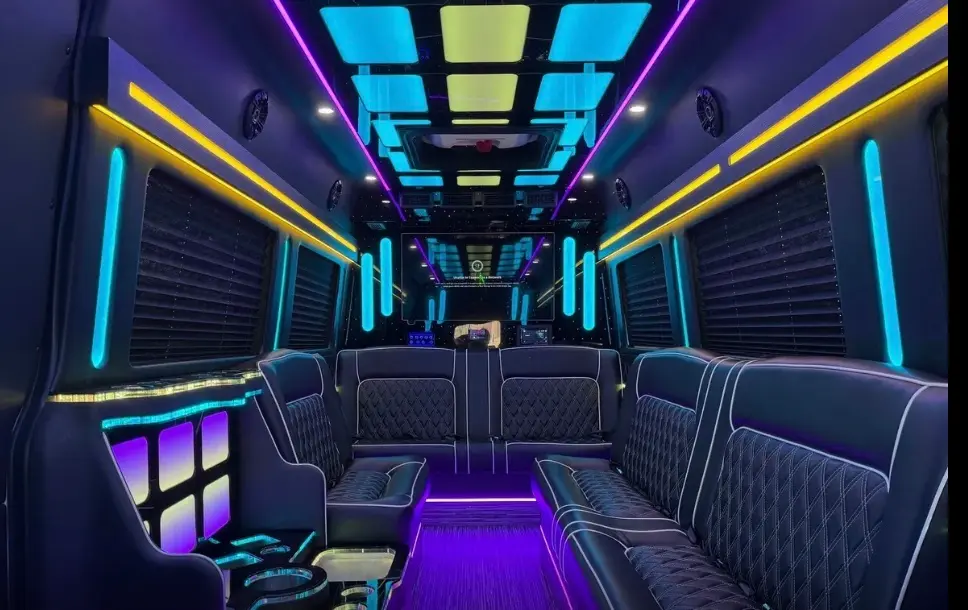 14-Passenger Sprinter Limo Party Bus – LED ceiling & quilted leather seating