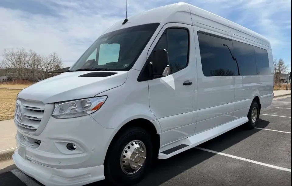 Edwards 16 passenger white Sprinter limo bus