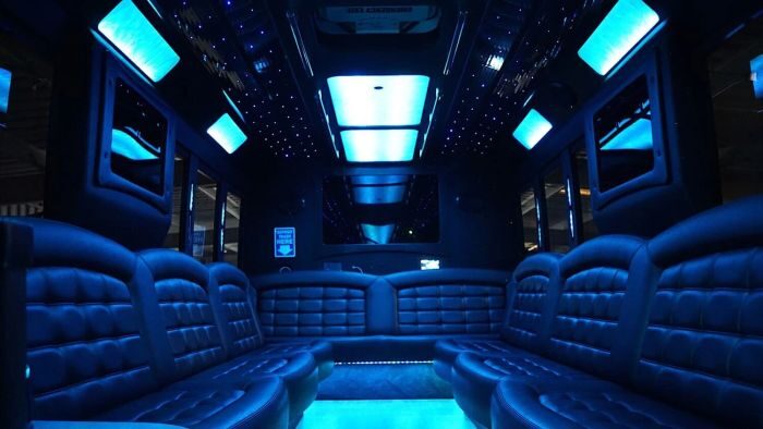 Wraparound seating and blue LED lights – Edwards limo service